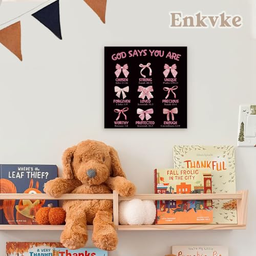 Inspirational Christian Desk Decor, Pink Bow God Says You Are Sign - color: Black-God Says You Are-5x5