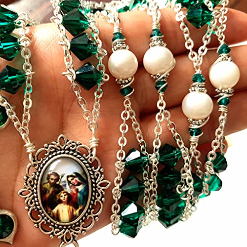 elegantmedical Ladder to Heaven Green Crystal & AAA10MM Pearl Beads Catholic Rosary Cross crucifix Necklace gift