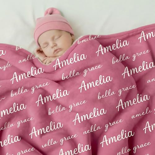 Ships Next Day, Personalized Baby Blanket with Name - Custom Newborn Hospital Swaddle Blanket, Super Soft Plush Flannel Baby Gift for Birth Announcement Shower Easter Gifts for Toddler Kids - color: Raspberry