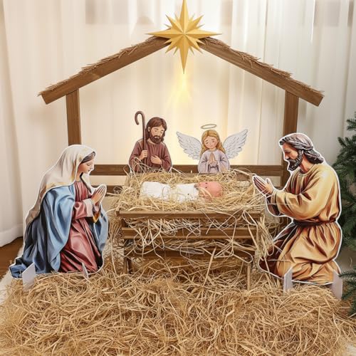 Chunful 10 Pcs Large Nativity Scene Set 19 Inch Wooden Manger Baby Jesus Holy Family with Light Nacimiento De Jesus Decor Traditional Religious Christmas Indoor Outdoor Decoration
