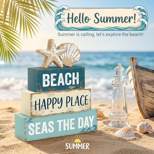 Britimes Tiered Tray Decor Set, 4 Pack, Wooden Table Signs, Coastal Beach - style: Coastal Beach