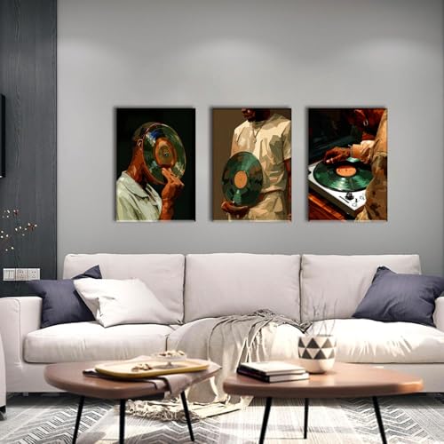 AOYUSMO 3 Piece African American Wall Art Black Men Wall Decor Fashion Music Pictures Record Canvas Art Music Studio Paintings Modern Trendy Artwork For Living Room Bedroom 16"x24" - color: Record White, size: 16x24in
