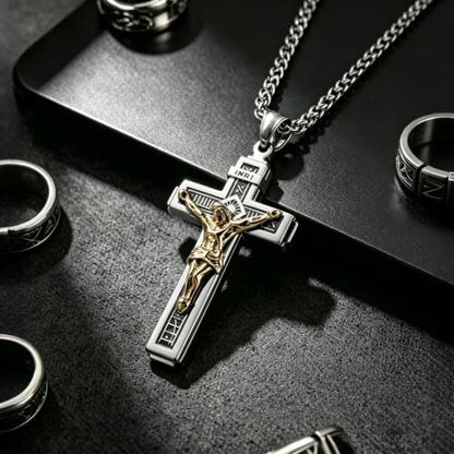 HZMAN Catholic Jesus Christ INRI Cross Crucifix Pendant Necklace for Men - color: Silver & Gold