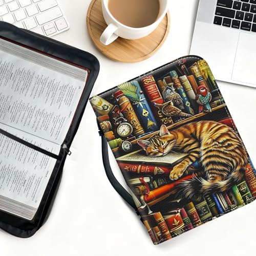 Bible Cover for Women Large PU Leather Zippered Bible Case with Handle and Bookshelf Cat Design, Christian Bible Cover for Girls & Women, Cover Fits Standard 9.5"x7.5"x2.3" Bible - color: Bookshelf Cat