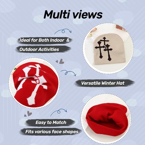 Fashion Knit Beanie with Cross Pattern Y2K Unisex Soft Jacquard Cap Popular Hip-Hop Cool Street Outdoor Sports Earflap Hat - color: Khaki