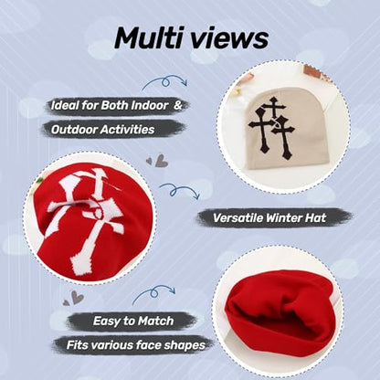Fashion Knit Beanie with Cross Pattern Y2K Unisex Soft Jacquard Cap Popular Hip-Hop Cool Street Outdoor Sports Earflap Hat - color: Khaki