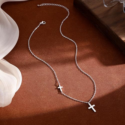 Cross Necklace for Women 14K Gold Silver Plated Small Cross Necklace Dainty Cross Pendant Choker Simple Trendy Cute Sideway Cross Charm Chain Necklaces for Women Trendy Christian Baptism Religious Faith Jewelry Gifts - size: Silver-153