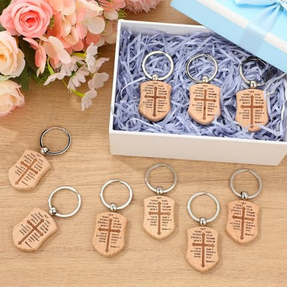 Nosiny 30/50 Pcs Christian Wooden Keychains for Men Bible Verse Shield Keychain Religious Faith Gifts Bulk for Dad Pastor
