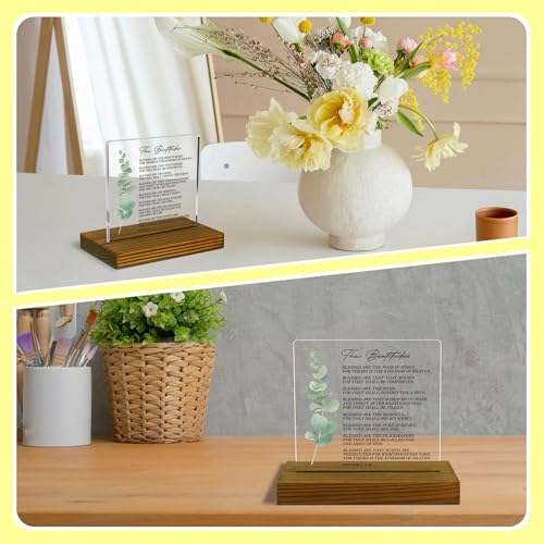 Matthew 5:3-10 The Beatitudes Bible Verse Sign, Christian Gifts, Bible Verse Plaque, Acrylic Desk Decor Sign with Wood Stand - FSA082 - style: Matthew 5:3-10