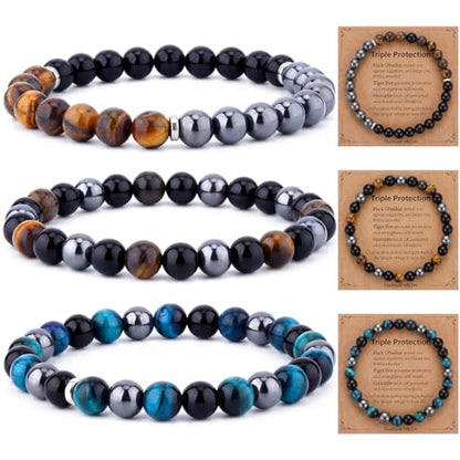 Kingdder 3 Pcs Cross Bracelet Tiger Eye Bracelet for Men 8mm Natural Stone Adjustable Christian Religious Birthday Jewelry - style: Classic