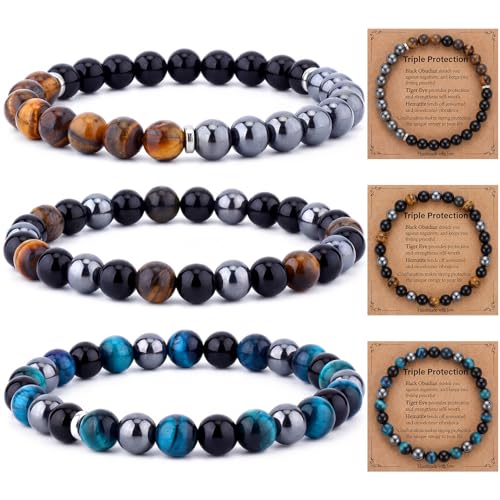 Kingdder 3 Pcs Cross Bracelet Tiger Eye Bracelet for Men 8mm Natural Stone Adjustable Christian Religious Birthday Jewelry - style: Classic