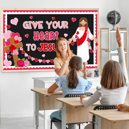 Valentine's Day Jesus Bulletin Board Set Valentines Religious Christian Classroom Decorations Give Your Heart to Jesus Love Heart Rose Cross Paper Cutouts for Sunday School Home Chalkboard Wall Decor - style: Valentines Religious
