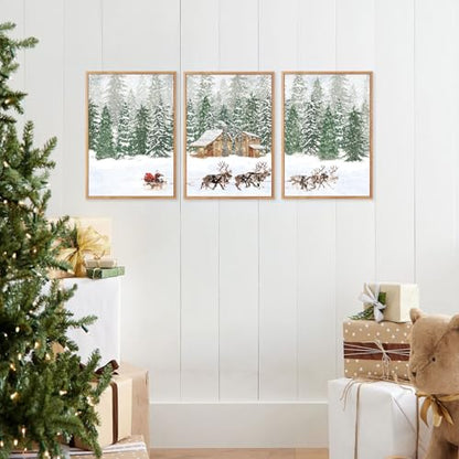 CHDITB 3 Pcs Santa Reindeer Sleigh Framed Canvas Wall Art 12x16 Inch - color: Santa Claus Reindeer Sleigh, size: 12"L x 16"W