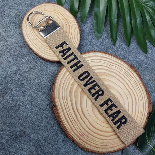 FAITH OVER FEAR embroidered keychain, Christian Gifts, Religious Gifts, Thanksgiving Gift - color: Camel Beige - White