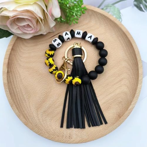 SHINYHARBOR Silicone Beaded Wristlet Keychain Bracelet,Key Wrist Keychains for Women Mom Teachers Best Friend - color: Mama-sunflower