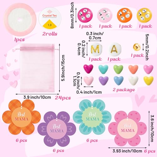 BeYumi Mom Bracelet Craft Kit - 24 Pack Mother's Day Mama Letter Heart Beads Bracelets with Flower Gift Cards and Bags DIY Thankful Craft Kit to Mothers School Classroom Family Party Fun Activities - style: MAMA