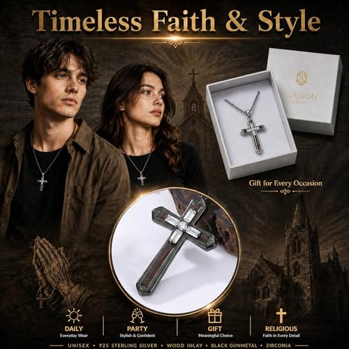 Cross Necklace for Men 925 Sterling Silver Cross Ebony Wooden Ankh Raven Praying Hands Crucifix Amulet Religious Jewelry Gifts for Men Women - color: Cross18