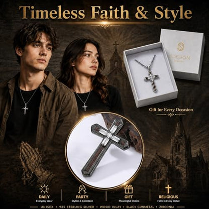 Cross Necklace for Men 925 Sterling Silver Cross Ebony Wooden Ankh Raven Praying Hands Crucifix Amulet Religious Jewelry Gifts for Men Women - color: Cross18