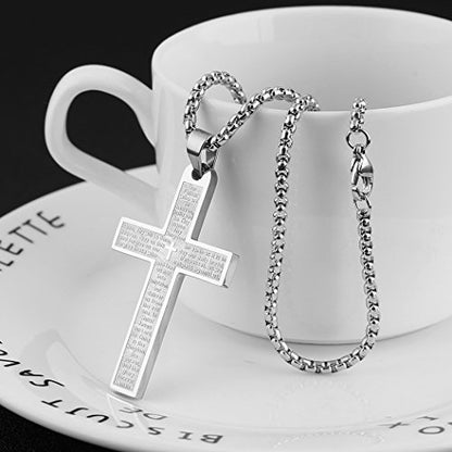 HZMAN Stainless Steel Cross Necklace for Men Women Lord's Prayer Pendant - color: Silver