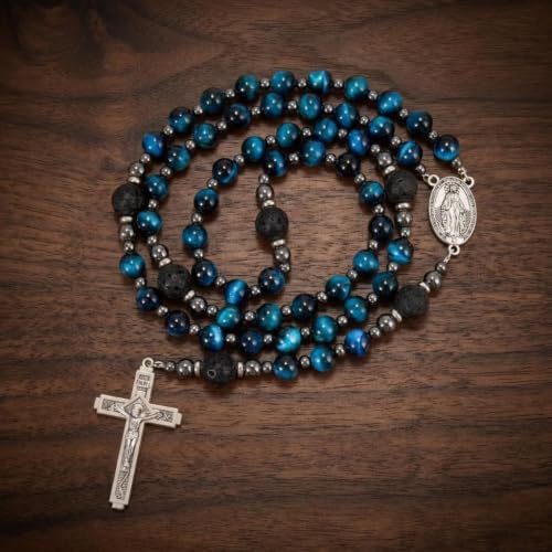 Nazareth Store Blue Tiger Eye Rosary Beads, Handmade Catholic Rosary Necklace with Lava Stone Beads and Our Father Crucifix, Five Decade Prayer Rosary, Religious Gift - style: Miraculous