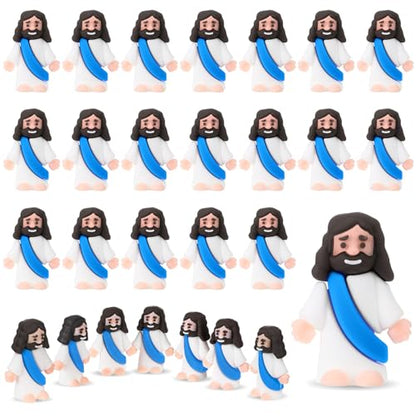 Bememo 25 Pcs Little Jesus Figures Original Design Mini Rubber Jesus Toys to Hide and Seek Religious Party Favors Sunday School Baptism Gifts(Blue) - color: Blue