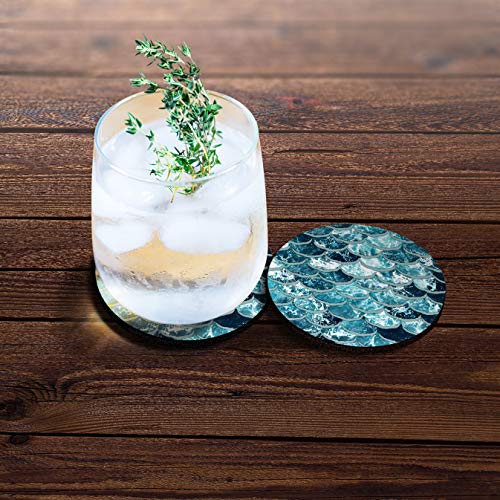 , Mermaid Scales Blue Wave Design Absorbent ROUND Fabric Felt Neoprene Car Coasters for Drinks, 2pcs Set - color: Mermaid Scales Blue Wave
