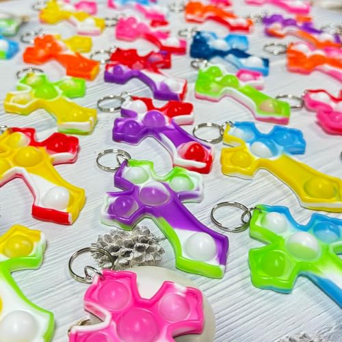 Goodangie00 30 Packs Rainbow Bulk Religion Cross Mini Pop Fidget Keychain Bubble Toy for Kids Classroom Treasure Chest Students Prizes，Birthday Goodie Bag Stuffers，Easter Party Favors Gifts