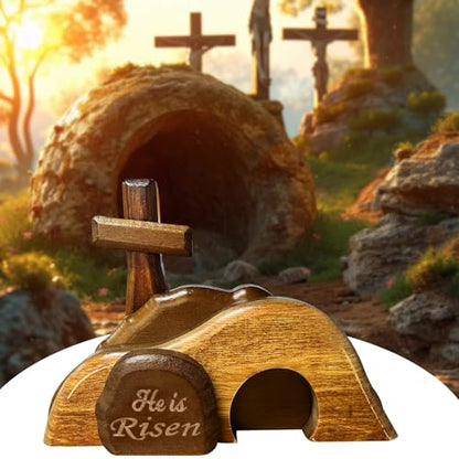 Easter Scene Wooden Decorations - Empty Tomb Resurrection Scene and Cross Decor - Jesus Christian Religious Tomb Signs Tiered Tray Decoration for the Home Table Office - style: Classic