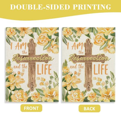 Spring Summer I Am The Resurrection and The Life Decorative Garden - color: Spring Yellow Flower Cross