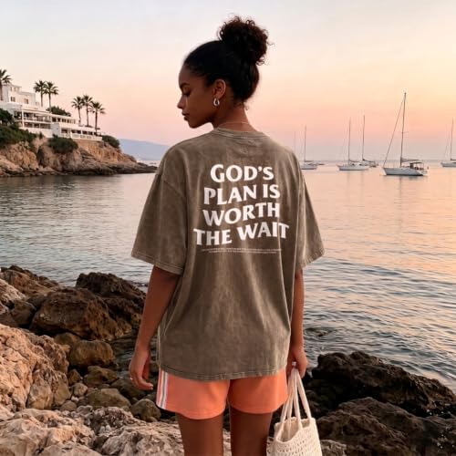 Christian Oversized Shirts for Women God Graphic Tees Shirts Bible Verse Jesus Shirt Religious Acid Wash Tshirts - color: Coffee, size: Small