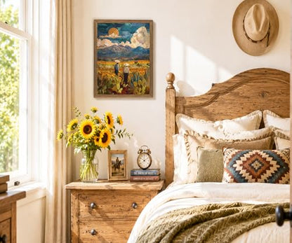 Framed Southwestern Cowboy Impasto Mountain Landscape Wall Art, 12x16 Inch - color: Multicolor - Teal, Gold, Green, Brown, Blue, Yellow, White, size: 12"L x 16"W