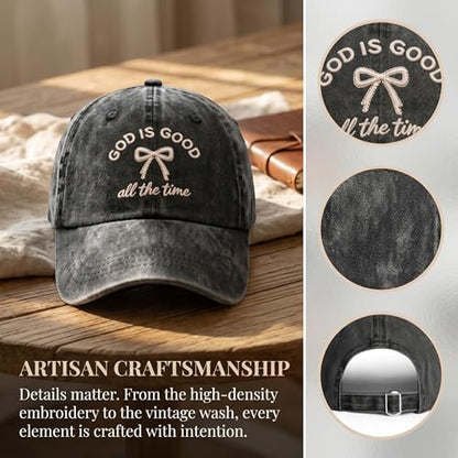 God is Good Bow Embroided Baseball Cap Washed Vintage Trucker Hat for Women