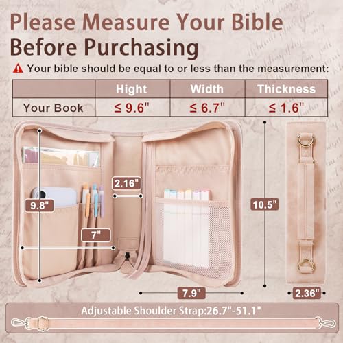 Classic Leather Bible Cover Case with Cross Design and Handle & Shoulder Strap for Women, Durable Bible Study Supplies Organizer Carrying Bag, Christmas Gifts for Christians with Gift Box（Pink - color: Pink( With Strap)