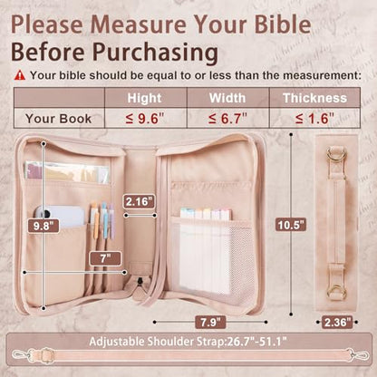 Classic Leather Bible Cover Case with Cross Design and Handle & Shoulder Strap for Women, Durable Bible Study Supplies Organizer Carrying Bag, Christmas Gifts for Christians with Gift Box（Pink - color: Pink( With Strap)