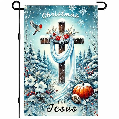IVN Christmas For Jesus Garden Flag 12x18 Inch Double Sided - color: Snowy Cross Jesus