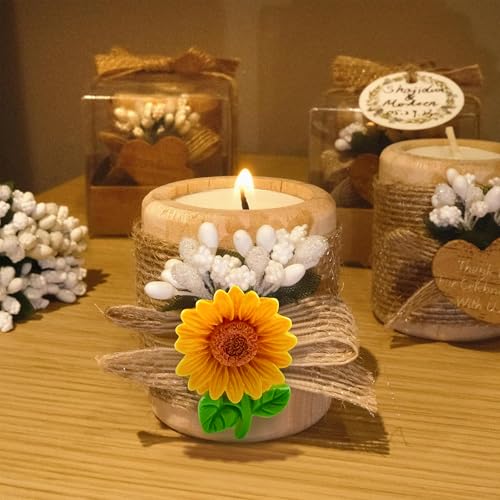 24 Pack Sunflower Wood Tealight Handmade Candle Holders - Wedding, Baby Shower, Baptism Favors & Centerpieces, Cylinder Candles Decorations - size: 24