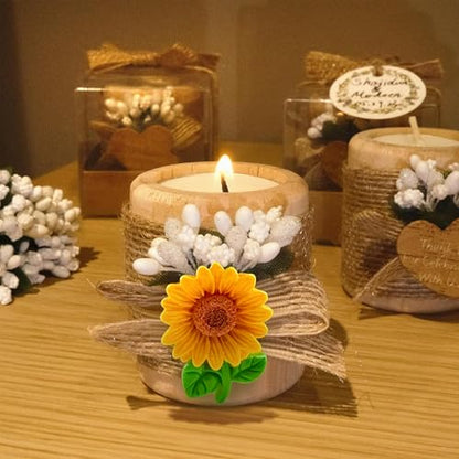 24 Pack Sunflower Wood Tealight Handmade Candle Holders - Wedding, Baby Shower, Baptism Favors & Centerpieces, Cylinder Candles Decorations - size: 24