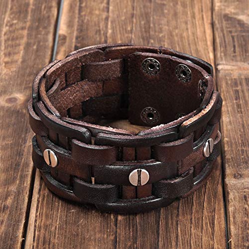 Zysta Cool Punk Rocker Wide Cuff Wristband Bracelet Mens Gothic Biker Braided Style Genuine Leather Bangle 8.5"-9" Adjustable Black/Brown - color: Brown