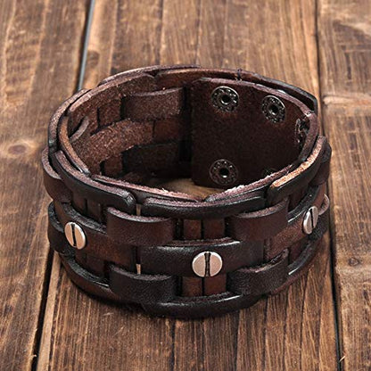 Zysta Cool Punk Rocker Wide Cuff Wristband Bracelet Mens Gothic Biker Braided Style Genuine Leather Bangle 8.5"-9" Adjustable Black/Brown - color: Brown