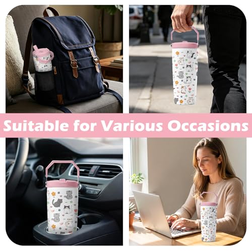 Hiboss Cat Tumbler with Handle and Flip Straw 28oz, Insulated Stainless Steel Cute Cats Travel Cup Mug, Christmas Birthday Gifts for Cat Lovers Kids Girls Teens Women - color: Cat