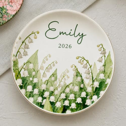 Personalized Ceramic Ring Dish with Name and Birth Flower, Custom Jewelry Tray Trinket Dish for Rings Earrings Necklaces Keys, Birth Month Flower Gift for Mom Bridesmaid Wife Best Friend - color: Birth Month Jewelry Dish