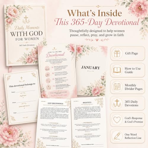 Daily Devotional for Women, 10 Minutes with God 365 Christian Devotions for Prayer, Quiet Time, and Daily Encouragement, Hardcover Gift Book with Pink Ribbon Bookmark