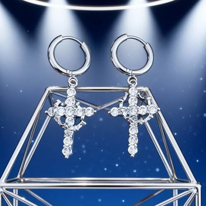 Crystal Cross Hoop Earrings Women, Gold Plated - color: silver