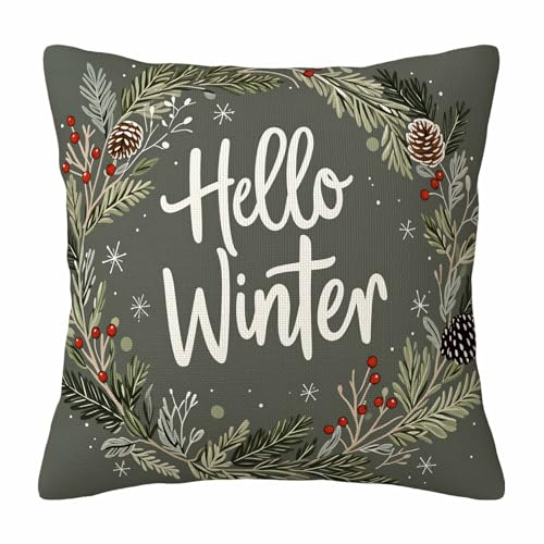 Cozy Christmas Holiday Throw Pillow Cover,Hello Winter Pine Wreath Decorative Pillow Case,Festive Winter Berry Cotton Linen Cushion Case for Home Decor 18 * 18 Inch - color: Settype16
