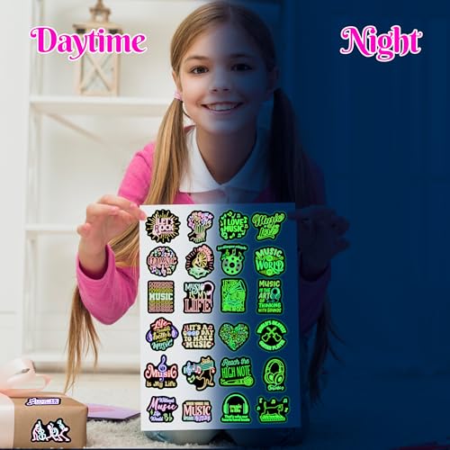 Glow in The Dark Kids Neon Music Water Bottle Stickers, 50 Pcs Waterproof Vinyl Laptop Decals, Activity Birthday Party Decor Teaching Prizes - color: Luminescent-162kshr