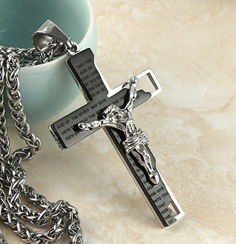 HZMAN Men's Stainless Steel Cross Crucifix Bible Prayer Pendant Necklace - color: Black