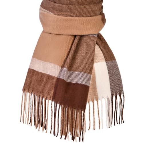 Winter Scarf for Women Plaid Long Oversized blanket Shawl Wraps Gift - color: Camel & Coffee