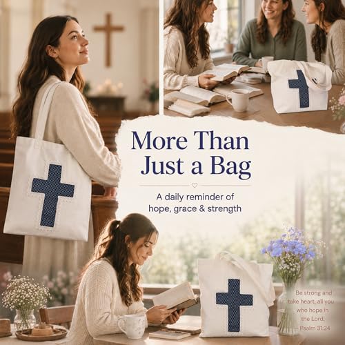 Christian Tote Bag Gift for Women, Canvas Bible Bag Handmade Floral Cross - color: White-navy Polka Dot