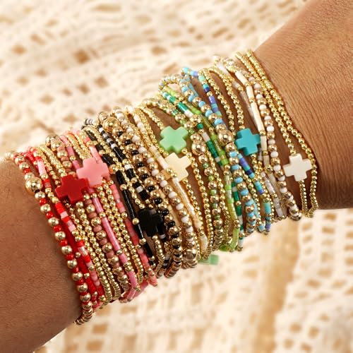 Gold Beaded Bracelets Stack for Women Stackable 14K Gold Plated Beads Ball Cross Bracelet Boho Christian Jewelry Faith Friendship Birthday Gifts for Women - color: Black