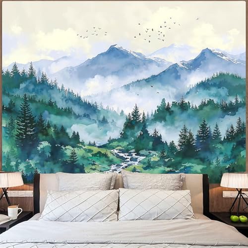 Haibimen Monet Nature Mountain Tapestry Wall Hanging Green Forest Stream Birds Landscape tapestrise for Bedroom Watercolor Aesthetic Wall Decor for Living Room Dorm (forest-3, 80''×60'') - color: green white, size: 80"L x 60"W